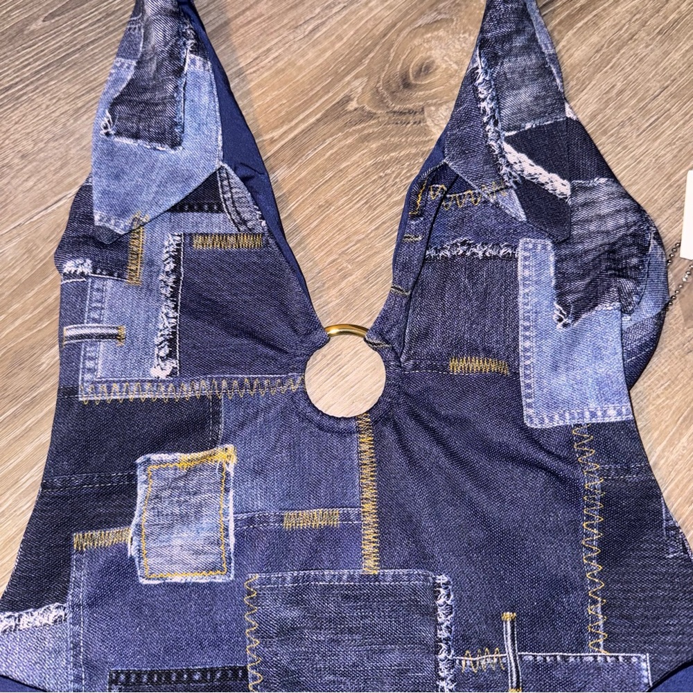 WeWoreWhat collar racerback denim patchwork one piece swimsuit blue XS NWT - Picture 7 of 15